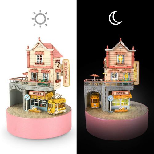  CubicFun Miniature Dollhouse DIY Music Box with LED Light Handmade Craft Kit, Holiday Town