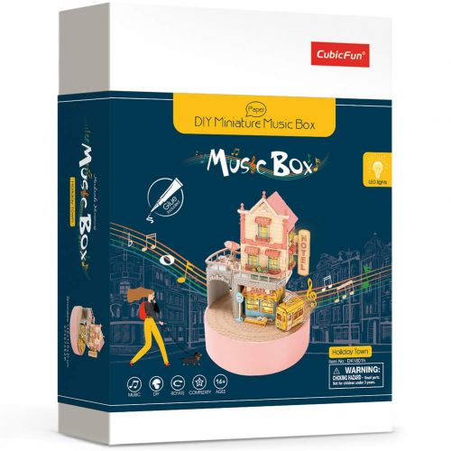  CubicFun Miniature Dollhouse DIY Music Box with LED Light Handmade Craft Kit, Holiday Town