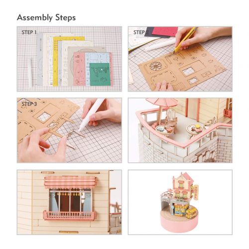  CubicFun Miniature Dollhouse DIY Music Box with LED Light Handmade Craft Kit, Holiday Town