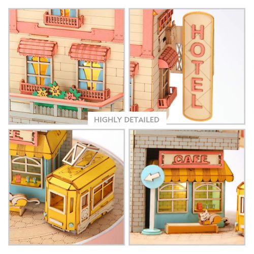  CubicFun Miniature Dollhouse DIY Music Box with LED Light Handmade Craft Kit, Holiday Town