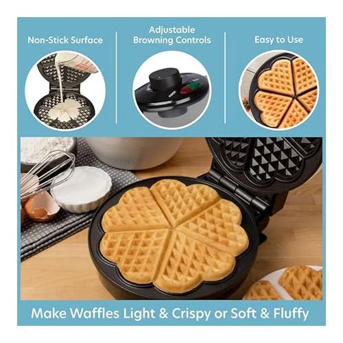  Heart Waffle Maker - Make 5 Heart Shaped Waffles for Special Morning Breakfast- Nonstick Baker Easy Cleanup, Electric Waffler Griddle Iron w Adjustable Browning Control- Kitchen Essential Must Have