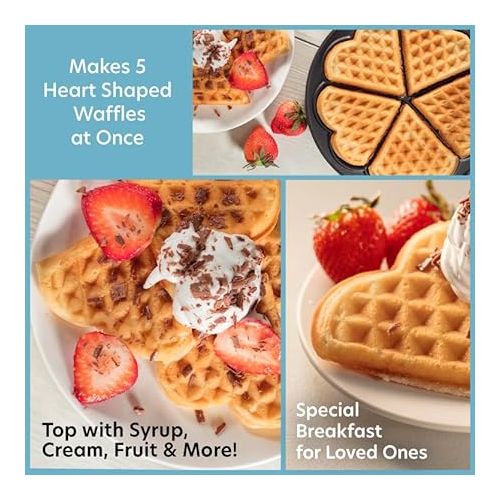  Heart Waffle Maker - Make 5 Heart Shaped Waffles for Special Morning Breakfast- Nonstick Baker Easy Cleanup, Electric Waffler Griddle Iron w Adjustable Browning Control- Kitchen Essential Must Have