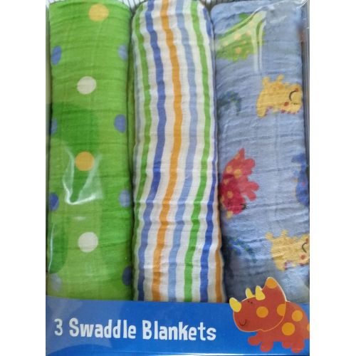  Cuddle Bear Collection 3 Pack Breathable Multi-Use Swaddle Blankets Cotton Muslin 45 x 45 Dino Stripe Dots