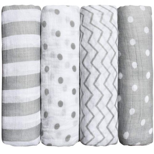  [아마존 핫딜] Cuddlebug  Muslin Baby Swaddle Blankets for Boys and Girls 0 to 3 Months - Large 4 Feet x 4 Feet  Unisex Muslin Cotton Multifunctional Baby Blankets - 4 Pack (Spots n Stripes)