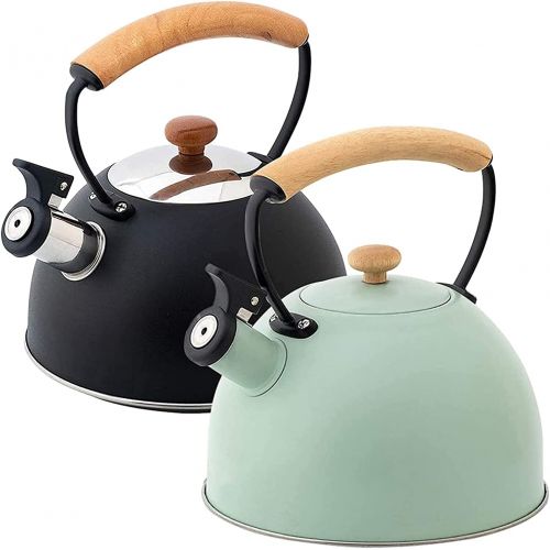  Cue and Case Tea Kettle, 2.8Liter Stainless Steel Tea Kettles for Stove Top, with Wood Pattern Handle Loud Whistling for Tea, Coffee, Milk etc, Gas Electric Applicable (Color : Green)