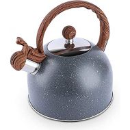 Cue and Case Tea Kettle, 2.3 Quart Tea Pot Whistling Water Kettle,Stainless Steel Teapot with Wood Pattern Handle Loud Whistle for Stovetops Gas Electric Induction