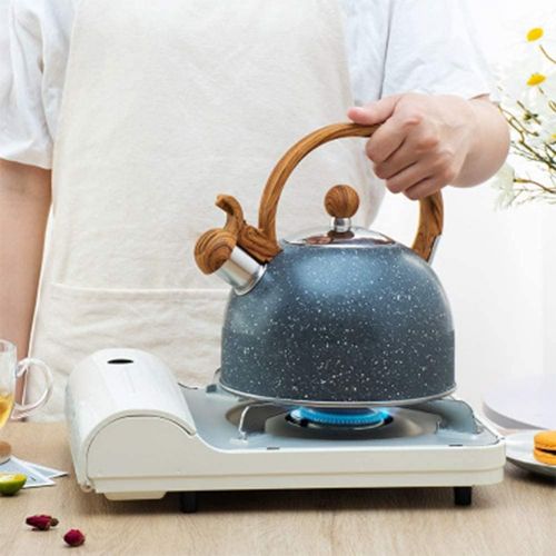  Cue and Case Tea Kettle, 2.3 Quart Tea Pot Whistling Water Kettle,Stainless Steel Teapot with Wood Pattern Handle Loud Whistle for Stovetops Gas Electric Induction