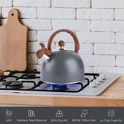  Cue and Case Tea Kettle, 2.3 Quart Tea Pot Whistling Water Kettle,Stainless Steel Teapot with Wood Pattern Handle Loud Whistle for Stovetops Gas Electric Induction
