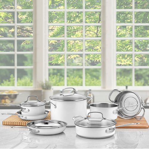  Cuisinart 11-Piece Chefs Classic Cookware Set, Stainless Steel & White - 100% Exclusive
