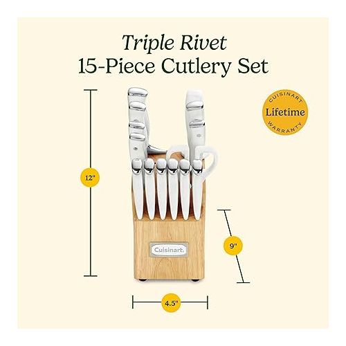  Cuisinart 15-Piece Knife Set with Block, High Carbon Stainless Steel, Forged Triple Rivet, White, C77WTR-15P