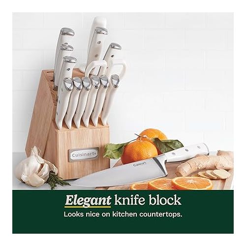  Cuisinart 15-Piece Knife Set with Block, High Carbon Stainless Steel, Forged Triple Rivet, White, C77WTR-15P