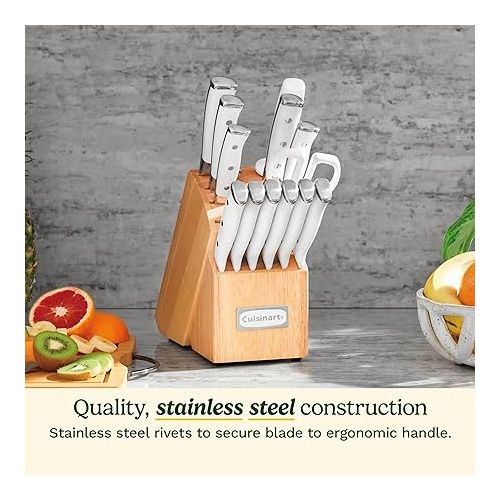  Cuisinart 15-Piece Knife Set with Block, High Carbon Stainless Steel, Forged Triple Rivet, White, C77WTR-15P