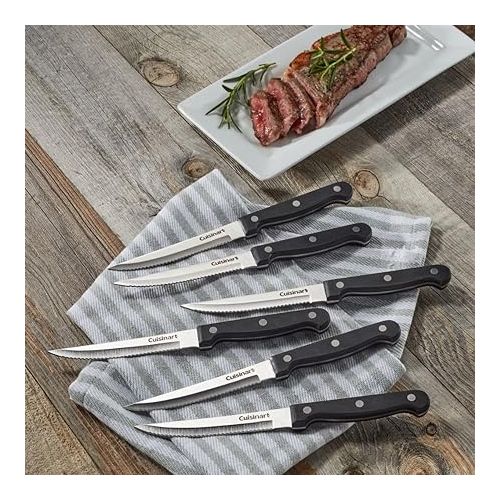  Cusinart Knife Set, 6pc Steak Knife Set with Steel Blades for Precise Cutting, Lightweight, Stainless Steel & Durable, C77TR-6PSK, Black