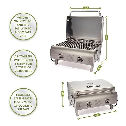  Cuisinart CGG-306 Chef's Style Portable Propane Tabletop 20,000, Professional Gas Grill, Two 10,000 BTU Burners, Stainless Steel