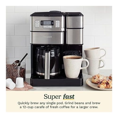  Cuisinart SS-GB1 Coffee Center Grind and Brew Plus, Built-in Coffee Grinder, Coffeemaker and Single-Serve Brewer with 6oz, 8oz and 10oz Serving Size, Black/Silver, 12-Cup Glass