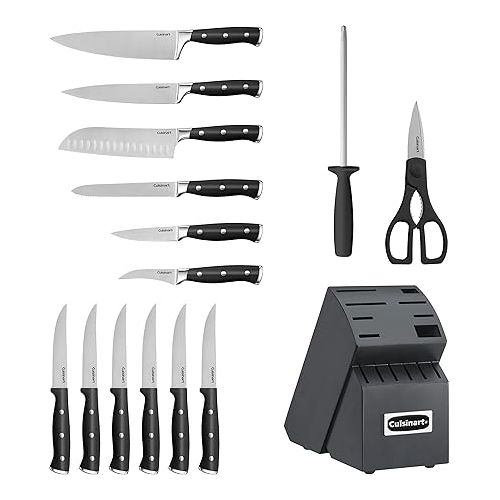  Cuisinart 15-Piece Knife Set with Block, High Carbon Stainless Steel, Forged Triple Rivet, Black/Black C77BTR-15PBK