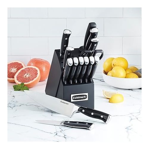  Cuisinart 15-Piece Knife Set with Block, High Carbon Stainless Steel, Forged Triple Rivet, Black/Black C77BTR-15PBK
