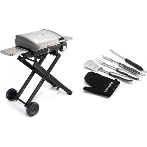  Cuisinart CGG-240 All Foods, 27.3 L x 38 W x 23.5 H, Roll-Away Gas Grill, Stainless Steel & CGS-134BL Grilling Tool Set with Grill Glove, Black (3-Piece)