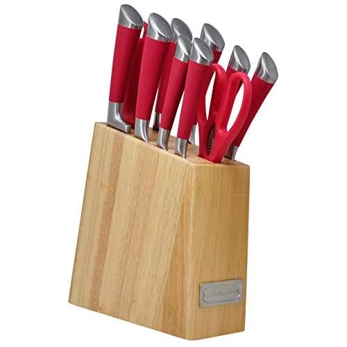  Cuisinart 11 Piece Stainless Steel Kitchen Chef Santoku Knife Set with Wooden Block and Shears, Red