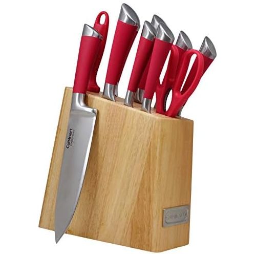  Cuisinart 11 Piece Stainless Steel Kitchen Chef Santoku Knife Set with Wooden Block and Shears, Red