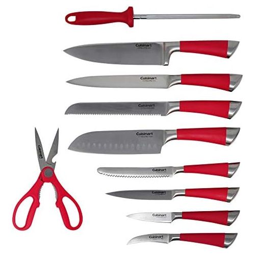  Cuisinart 11 Piece Stainless Steel Kitchen Chef Santoku Knife Set with Wooden Block and Shears, Red