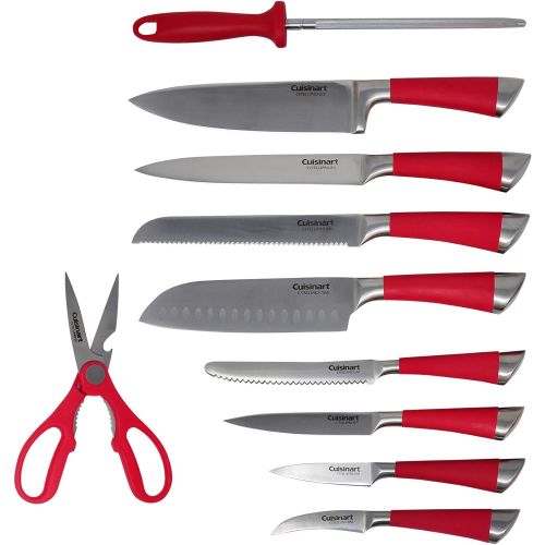  Cuisinart 11 Piece Stainless Steel Kitchen Chef Santoku Knife Set with Wooden Block and Shears, Red