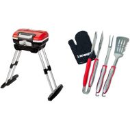 Cuisinart CGG180 CGG-180 Petit Gourmet Gas Grill with VersaStand, Red, 31.5 H x 16.5 W x 16 L & CGS-134 Grilling Tool Set with Grill Glove, Red (3-Piece)