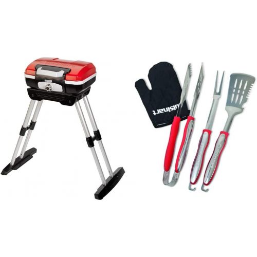  Cuisinart CGG180 CGG-180 Petit Gourmet Gas Grill with VersaStand, Red, 31.5 H x 16.5 W x 16 L & CGS-134 Grilling Tool Set with Grill Glove, Red (3-Piece)