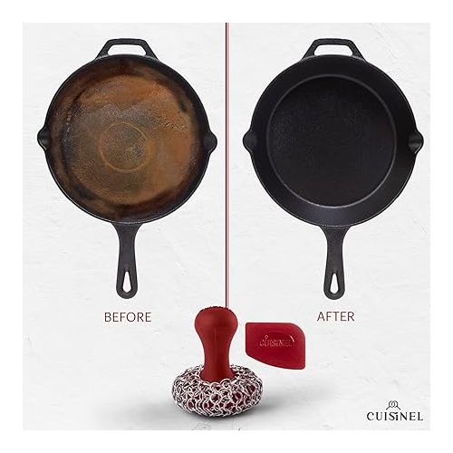  Cuisinel Cast Iron Chainmail Scrubber + Pan Scraper - The Patented Original Ergonomic Stainless & Silicone Pot & Skillet Cleaner - Premium Food-Safe Design - Easy Clean Dishwasher Safe Cookware Sponge