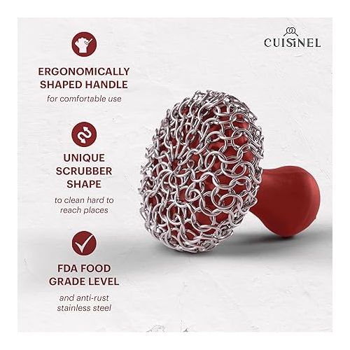  Cuisinel Cast Iron Chainmail Scrubber + Pan Scraper - The Patented Original Ergonomic Stainless & Silicone Pot & Skillet Cleaner - Premium Food-Safe Design - Easy Clean Dishwasher Safe Cookware Sponge