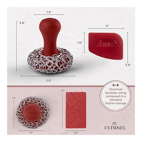  Cuisinel Cast Iron Chainmail Scrubber + Pan Scraper - The Patented Original Ergonomic Stainless & Silicone Pot & Skillet Cleaner - Premium Food-Safe Design - Easy Clean Dishwasher Safe Cookware Sponge