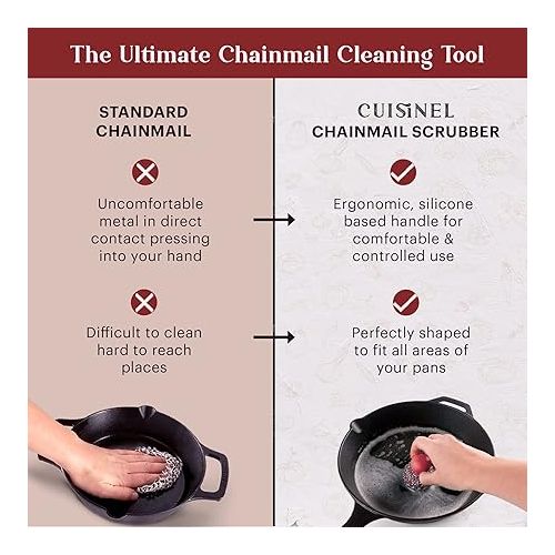 Cuisinel Cast Iron Chainmail Scrubber + Pan Scraper - The Patented Original Ergonomic Stainless & Silicone Pot & Skillet Cleaner - Premium Food-Safe Design - Easy Clean Dishwasher Safe Cookware Sponge