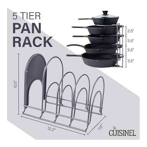  Cuisinel Pots and Pans Organizer Rack for Cast Iron Skillets, Griddles - Heavy Duty, Holds Up to 50 LBS- Horizontal/Vertical Use - Durable Steel Construction - Grey 12.2