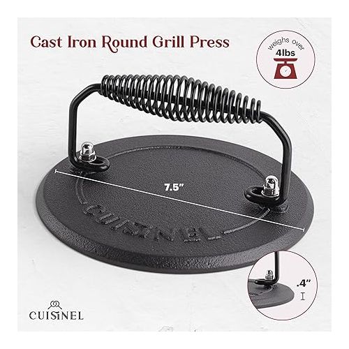  Cuisinel Grill Press - Cast Iron Burger Press for Bacon, Steak and Smashed Hamburgers - 7.5