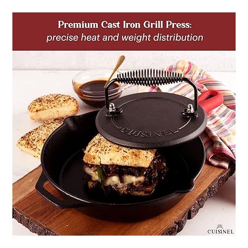  Cuisinel Grill Press - Cast Iron Burger Press for Bacon, Steak and Smashed Hamburgers - 7.5