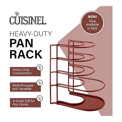  Cuisinel Pan Organizer for Cast Iron Skillets, Griddles and Pots - Heavy Duty Steel Construction - Holds Up to 50 LBS - Red 12.2 Inch - No Assembly Required