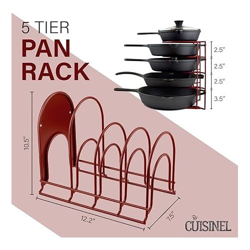  Cuisinel Pan Organizer for Cast Iron Skillets, Griddles and Pots - Heavy Duty Steel Construction - Holds Up to 50 LBS - Red 12.2 Inch - No Assembly Required