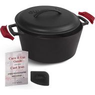 Cuisinel Cast Iron Dutch Oven - 5-Quart Deep Pot + Lid + Pan Scraper + Handle Cover Grips - Large Pre-Seasoned Cooker for Baking Bread, Soup, Frying - Indoor/Outdoor Kitchen, Camping, Fire, BBQ Safe