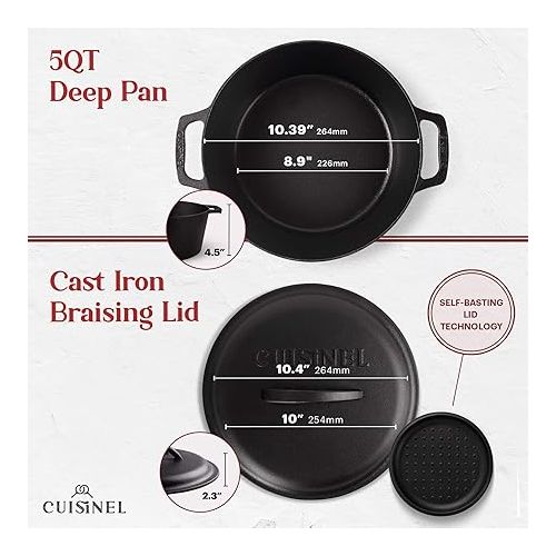  Cuisinel Cast Iron Dutch Oven - 5-Quart Deep Pot + Lid + Pan Scraper + Handle Cover Grips - Large Pre-Seasoned Cooker for Baking Bread, Soup, Frying - Indoor/Outdoor Kitchen, Camping, Fire, BBQ Safe