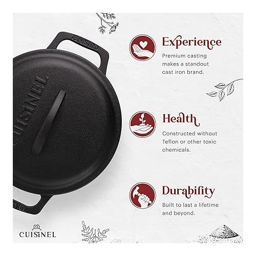  Cuisinel Cast Iron Dutch Oven - 5-Quart Deep Pot + Lid + Pan Scraper + Handle Cover Grips - Large Pre-Seasoned Cooker for Baking Bread, Soup, Frying - Indoor/Outdoor Kitchen, Camping, Fire, BBQ Safe