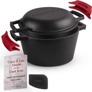 Cast Iron Dutch Oven,3-Quart Deep Pot,Pre-Seasoned 2-in-1 Multi-Cooker, Kitchen Electric or Gas Stove Cooking, Fryer