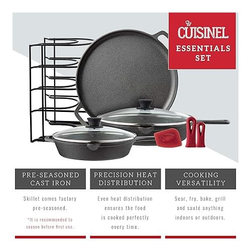  Cuisinel Cast Iron Cookware Set - 9-Pieces Pre-Seasoned Kit: 10