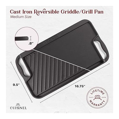  Cuisinel Cast Iron Griddle/Grill + Scraper/Cleaner - Reversible Pre-Seasoned 16.75