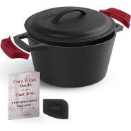 Cuisinel Cast Iron Dutch Oven - 3-Quart Deep Pot + Lid + Pan Scraper + Handle Covers - Large Pre-Seasoned Cooker for Baking Bread, Soup, Frying - Indoor/Outdoor Kitchen, Camping, Fire, BBQ Cookware