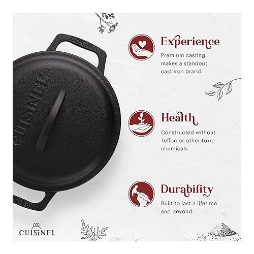  Cuisinel Cast Iron Dutch Oven - 3-Quart Deep Pot + Lid + Pan Scraper + Handle Covers - Large Pre-Seasoned Cooker for Baking Bread, Soup, Frying - Indoor/Outdoor Kitchen, Camping, Fire, BBQ Cookware