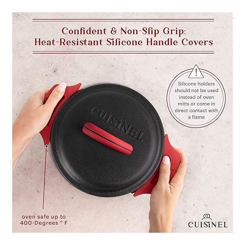  Cuisinel Cast Iron Dutch Oven - 3-Quart Deep Pot + Lid + Pan Scraper + Handle Covers - Large Pre-Seasoned Cooker for Baking Bread, Soup, Frying - Indoor/Outdoor Kitchen, Camping, Fire, BBQ Cookware