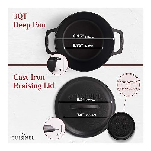  Cuisinel Cast Iron Dutch Oven - 3-Quart Deep Pot + Lid + Pan Scraper + Handle Covers - Large Pre-Seasoned Cooker for Baking Bread, Soup, Frying - Indoor/Outdoor Kitchen, Camping, Fire, BBQ Cookware