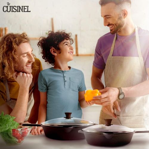  Cuisinel Pre-Seasoned Cast Iron Skillet 2-Piece Set (10-Inch and 12-Inch) with Glass Lids Oven Safe Cookware - 2 Heat-Resistant Holders - Indoor and Outdoor Use - Grill, Stovetop, Induction