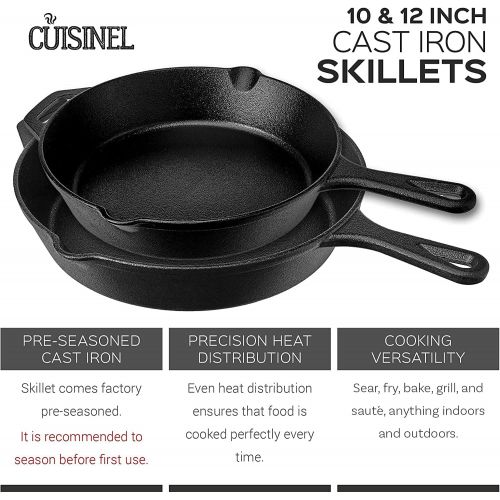  Cuisinel Pre-Seasoned Cast Iron Skillet 2-Piece Set (10-Inch and 12-Inch) with Glass Lids Oven Safe Cookware - 2 Heat-Resistant Holders - Indoor and Outdoor Use - Grill, Stovetop, Induction