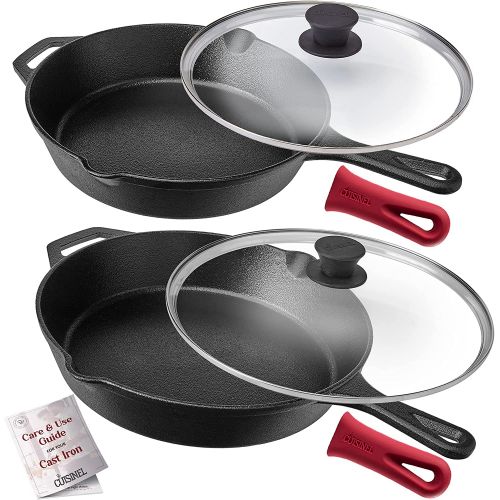  Cuisinel Pre-Seasoned Cast Iron Skillet 2-Piece Set (10-Inch and 12-Inch) with Glass Lids Oven Safe Cookware - 2 Heat-Resistant Holders - Indoor and Outdoor Use - Grill, Stovetop, Induction